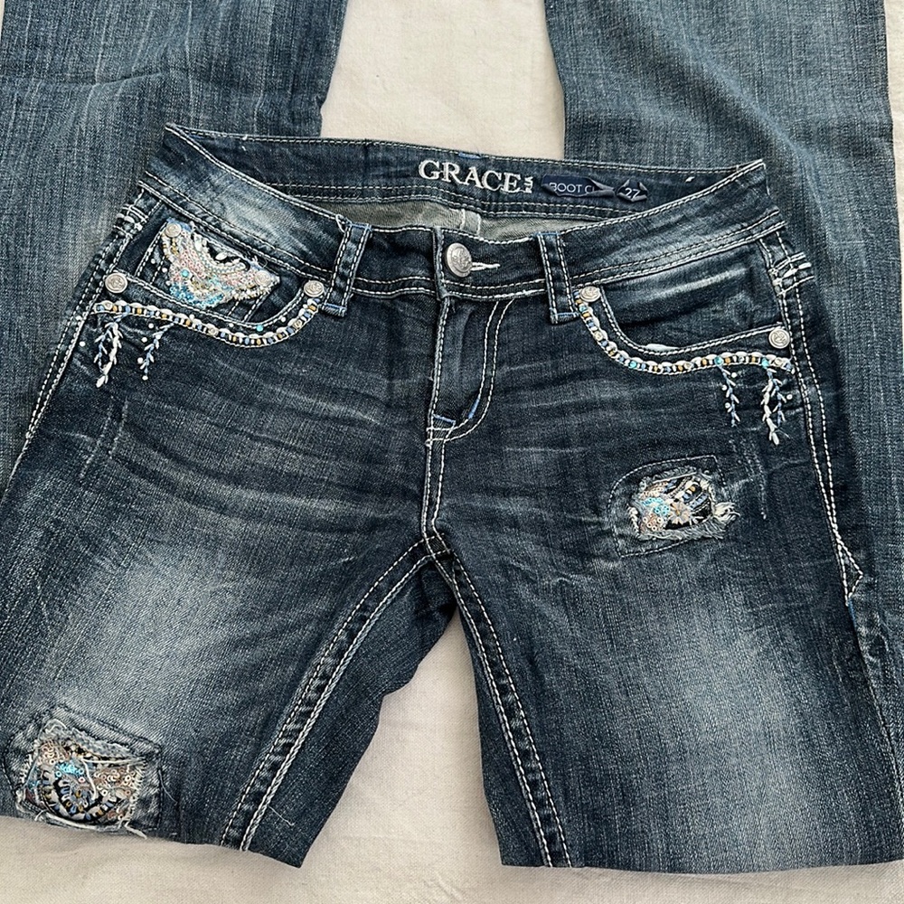 Grace in LA Denim Jean Size 27 boot cut rhinestone jeans preloved in good shape
